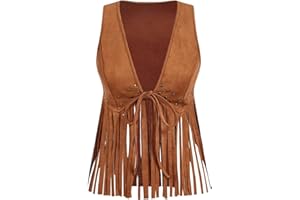 Women's Fringe Suede Vest Cowgirl Rivet Studded Tassel Tie Front 70s Hippie Cardigan Jacket