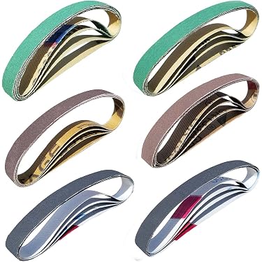 Lot de 24 bandes abrasives de 1/2 x 18, 4 de chaque grain 40, 80, 120, 150, 240, 400, en oxyde d'aluminium pour mini ponceuse à bande