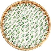 Tynulox Round Rattan Tray with Mother of Pearl Inlay, Rattan Serving Tray for Coffee, Bread, Fruits, Decorative Wicker Tray for Table Decor, Home Decor, Kitchen Island Decor (Round Green Fish, 11.8")