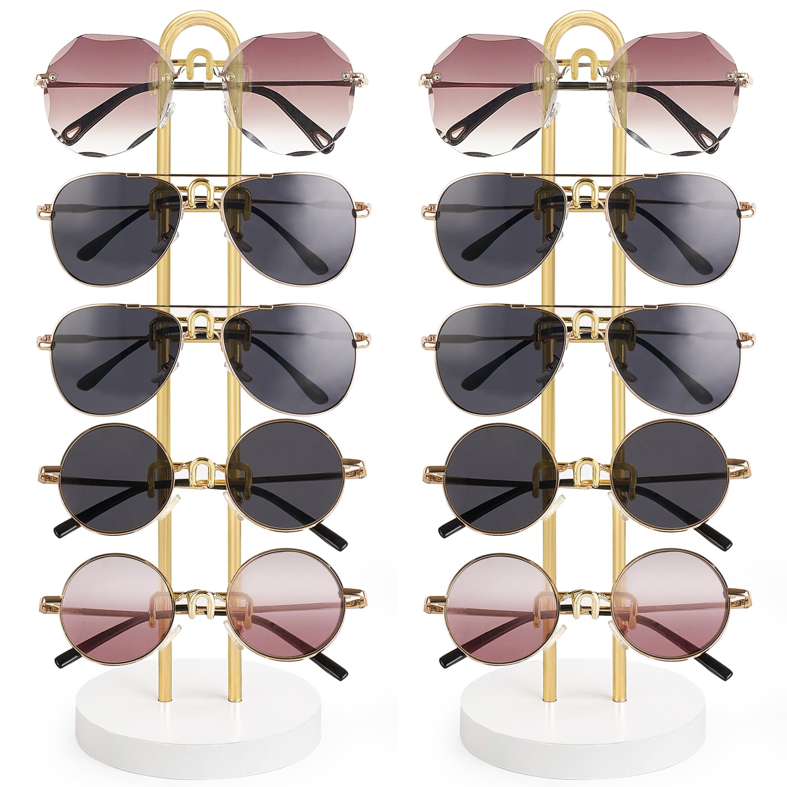 Photo 1 of Mkono Sunglasses Organizer Glasses Holder Stand Sunglass Storage Eyeglasses Rack Metal Frame with Wood Base for 5 Pairs of Eyewear Display for Table Desk Countertop Dresser Bedroom, Set of 2, Gold