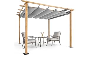 HAPPATIO 10' X 10' Pergola Retractable Pergola Canopy for Backyard, Garden, Patio; Woodgrain-Look Aluminum Pergola with Retractable Pergola Canopy, includes Anchors and Expansion Screws (Grey)