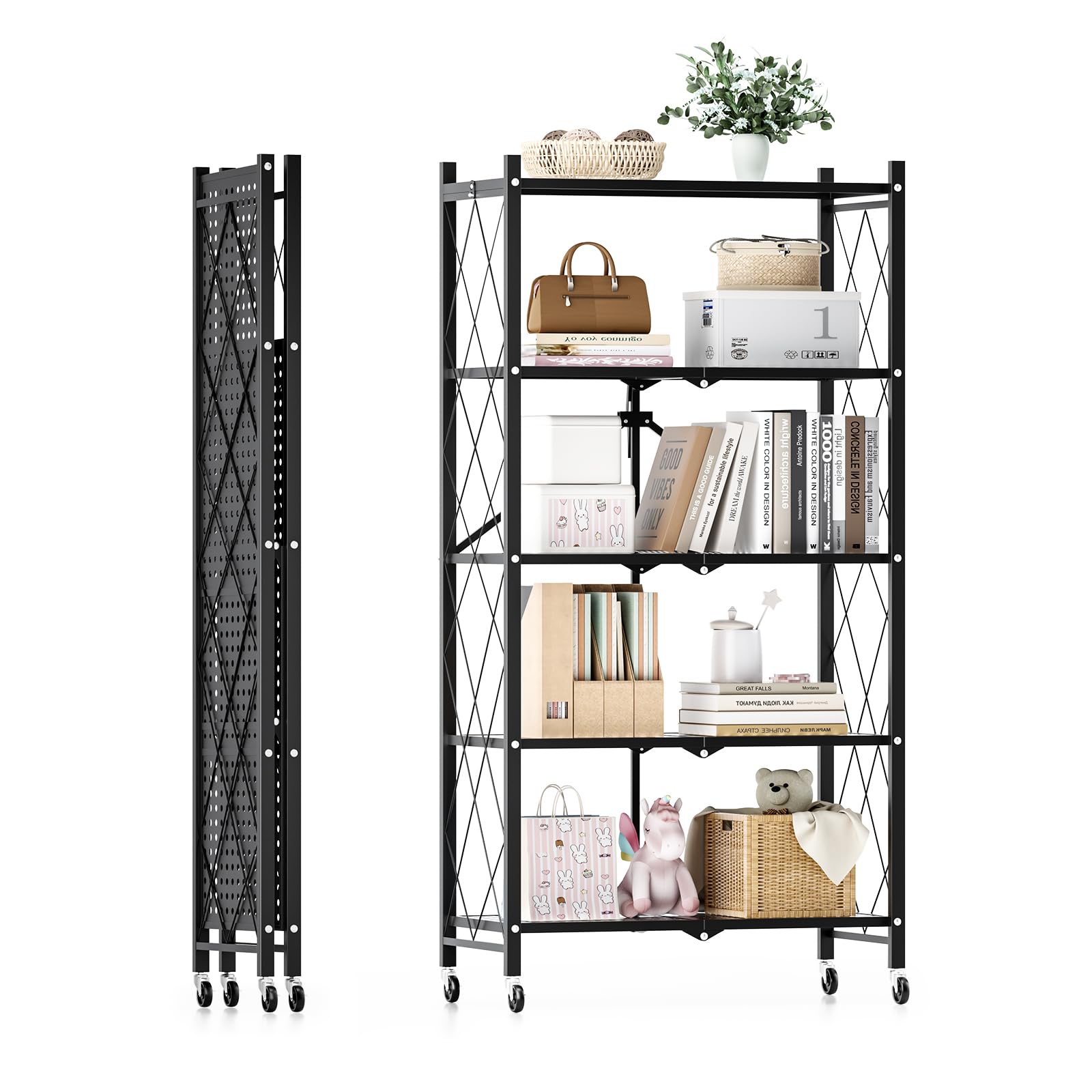 Photo 1 of (missing pieces) HealSmart Heavy Duty 5-Tier Foldable Metal Rack, 27.95" D x 14.96" W x 63.78" H Storage Shelving Unit 1250 lbs with Wheels
