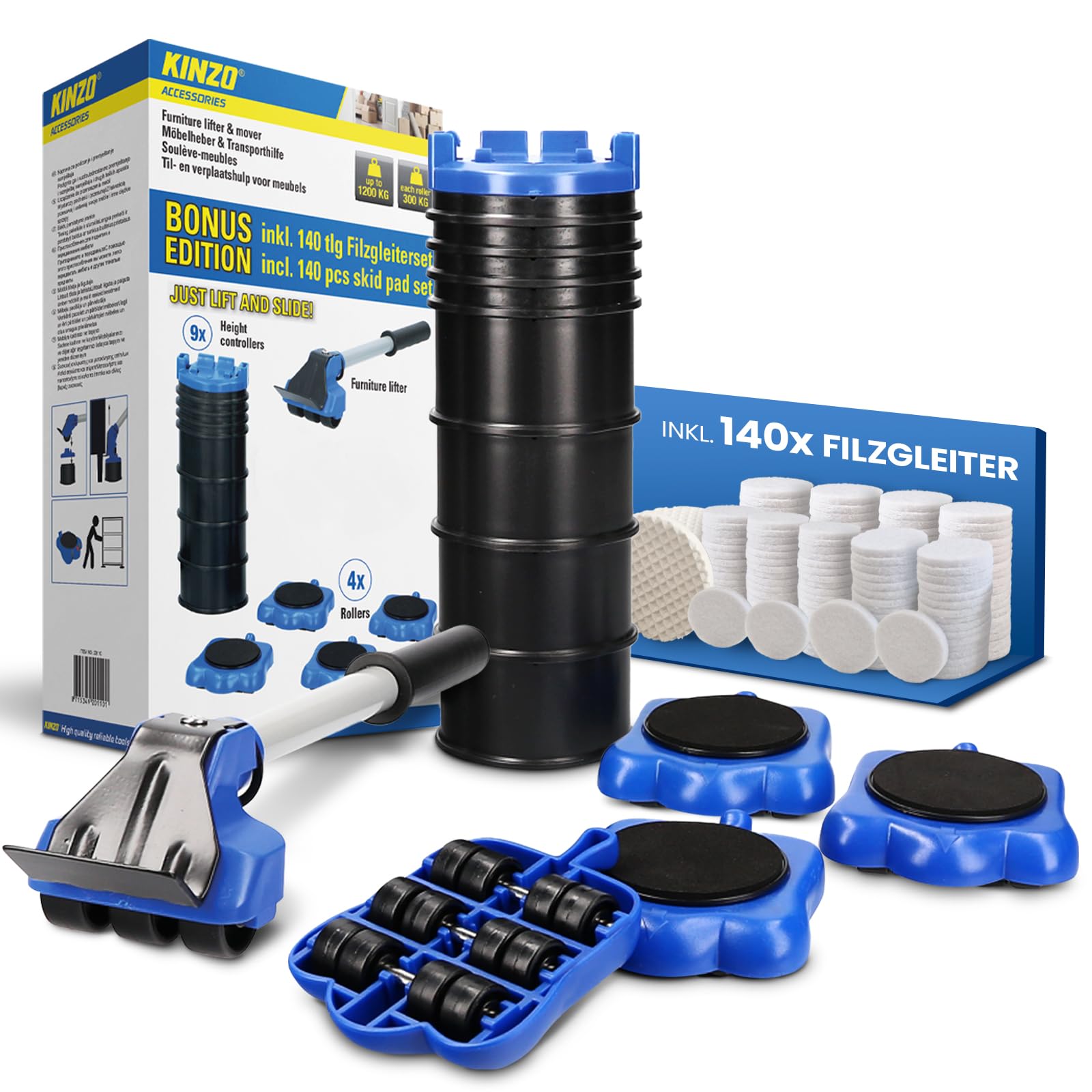 KINZO Furniture Roller, Furniture Lifter, 4 Wheels Plus Furniture Lifter and 140 x Bonus Felt Gliders Set, 1200 kg Total Load, 300 kg per Scooter, Furniture Transport Wheel with 9 x Height Regulators,