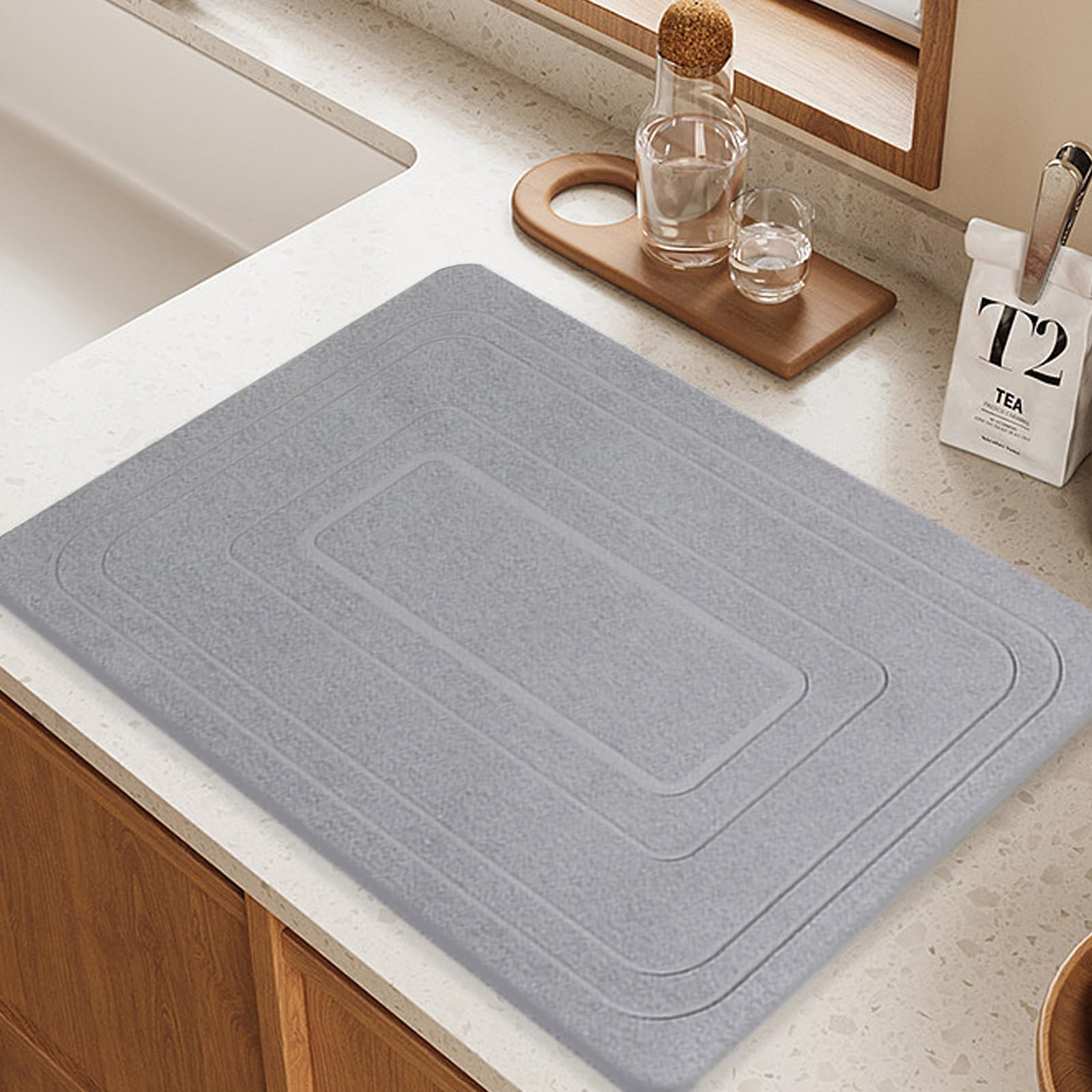 Stone Drying Mat for Kitchen Counter, 30*40cm Diatomaceous Earth Dish Drying Mat, Eco-Friendly Diatomaceous Earth Engraving Absorbent Mat, Comes with Sandpaper and Non-Slip Base(30*40cm，Dark Gray)
