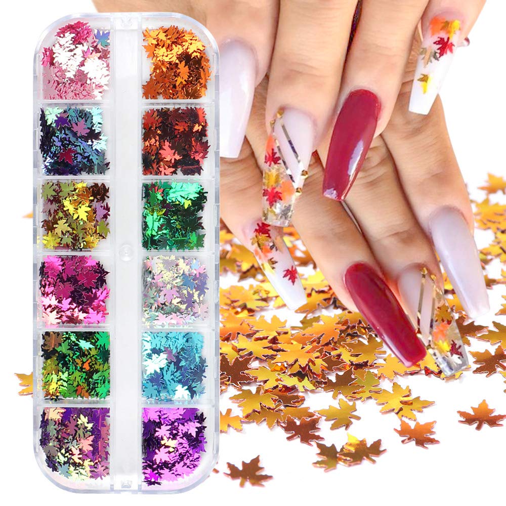 Macute Fall Nail Art Glitters Maple Leaf Nail Sequins, 12 Grids Autumn Leaf Shape Flakes Holographic Gold Red Maple Leaves Paillettes Designs for Nails Gel Polish Supplies Manicure Tips Decorations : Beauty