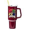 Silver Buffalo Harry Potter Hogwarts House Crest Featuring Gryffindor, Ravenclaw, Slytherin, and Hufflepuff Stainless Steel Tumbler with Handle and Straw, Fits in Standard Cup Holder, 40 Ounces