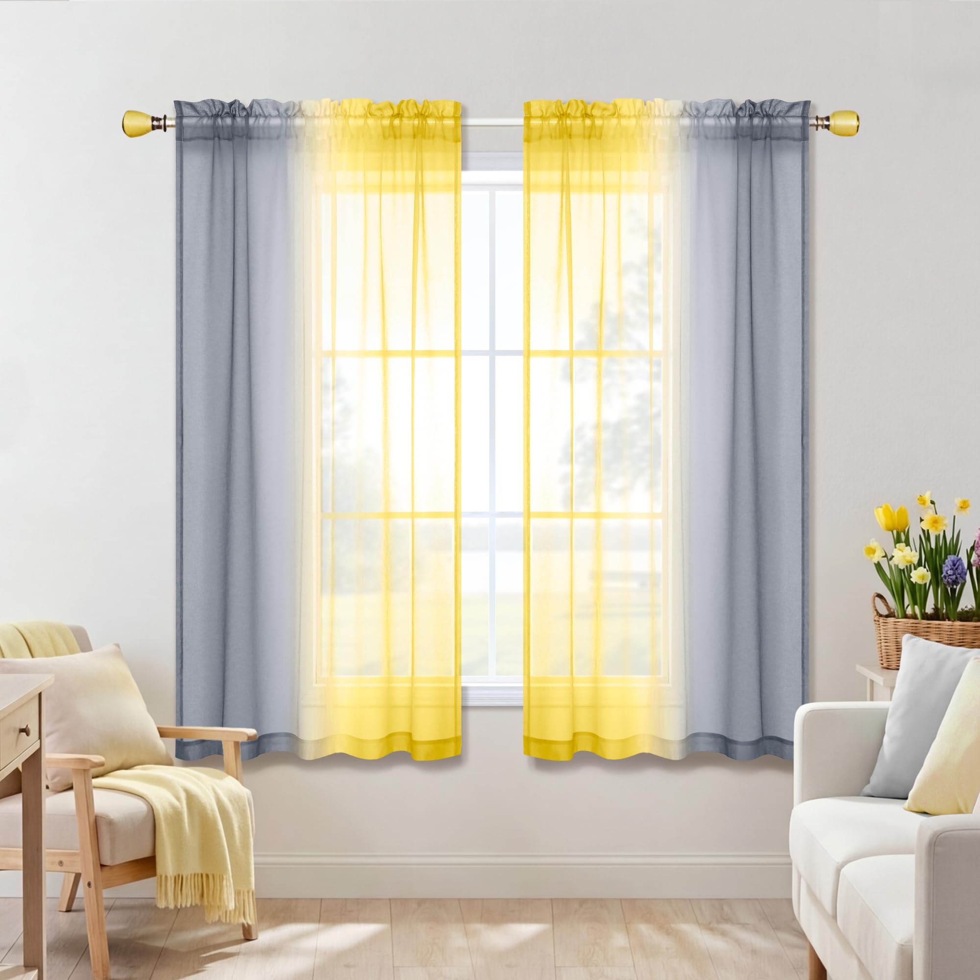 KOUFALL Kitchen Curtains Grey and Lemon Yellow Summer Decor Ombre Sheer Short Curtains for Bathroom Small Windows Sunflower Yellow Light Gray 45 Inch Length