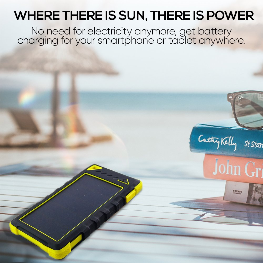 Chargeur Solaire 12000mAh, PowerLocus® Batterie Externe pour Voyage Extérieure pour iPhone Android Samsung téléphone, Dual USB Port Universels Imperméable Intempéries, à la poussière et aux chocs avec Portable Solaire Panneau Téléphone Batt