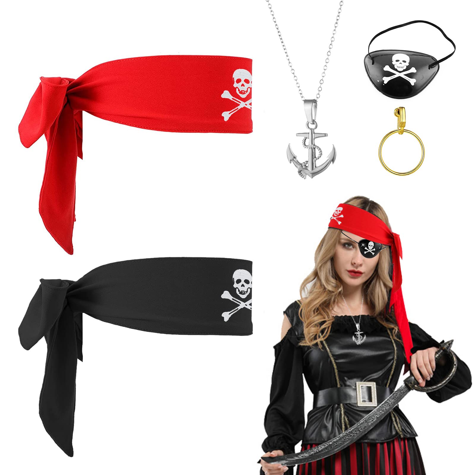 MIVAIUN Pirate Costume Accessories Set - 5 Pieces, Includes Bandana, Eye Patches, Necklace for Caribbean Party, Halloween, Carnival, Masquerade, Cosplay Dress