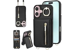 KYFSJPT Crossbody Wallet Case for iPhone 16, with Card Slots Zipper Pocket Case, Flip Folio Purse RFID Blocking with Ring Kickstand Detachable Strap-Black