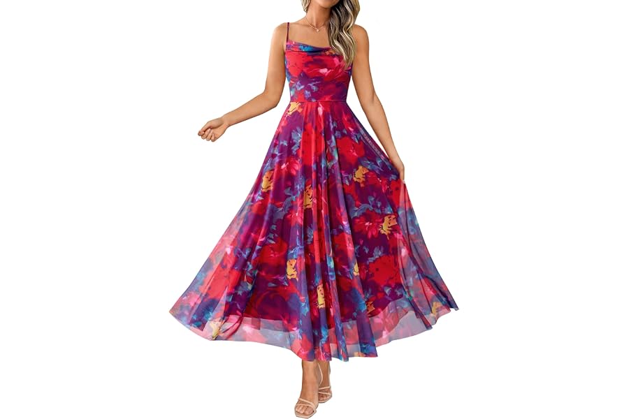 BTFBM Women Summer Maxi Dresses Elegant Wedding Guest Dress | Cowl Neck,Spaghetti Strap,Mesh,Floral,A-Line,Flowy,Party,Cockta