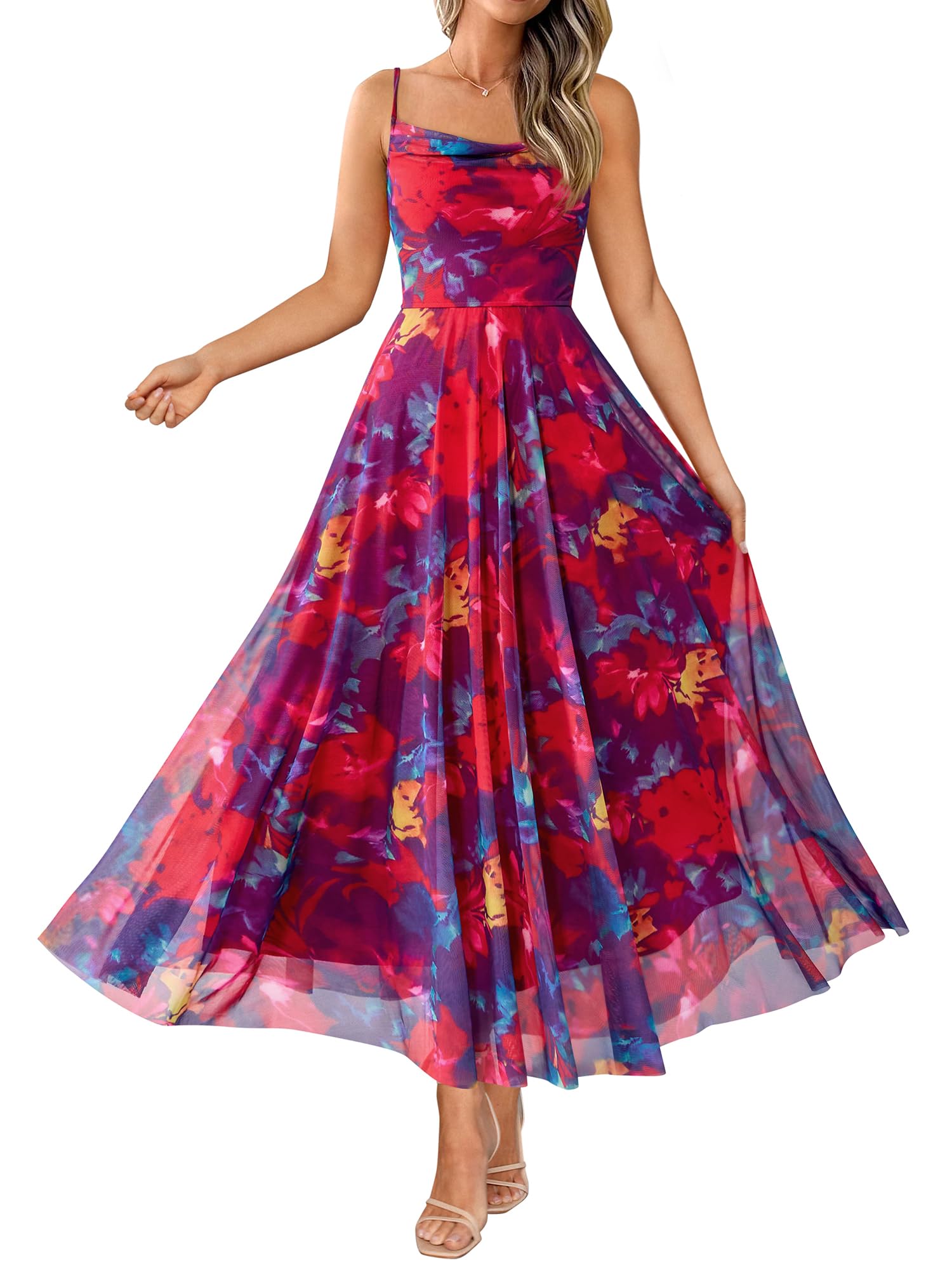 Photo 1 of BTFBM Women Summer Floral Maxi Dresses Elegant Spaghetti Strap Dress Printed Party Dress Beach Long Dresses(Floral Navy Red Flower,XX-Large)