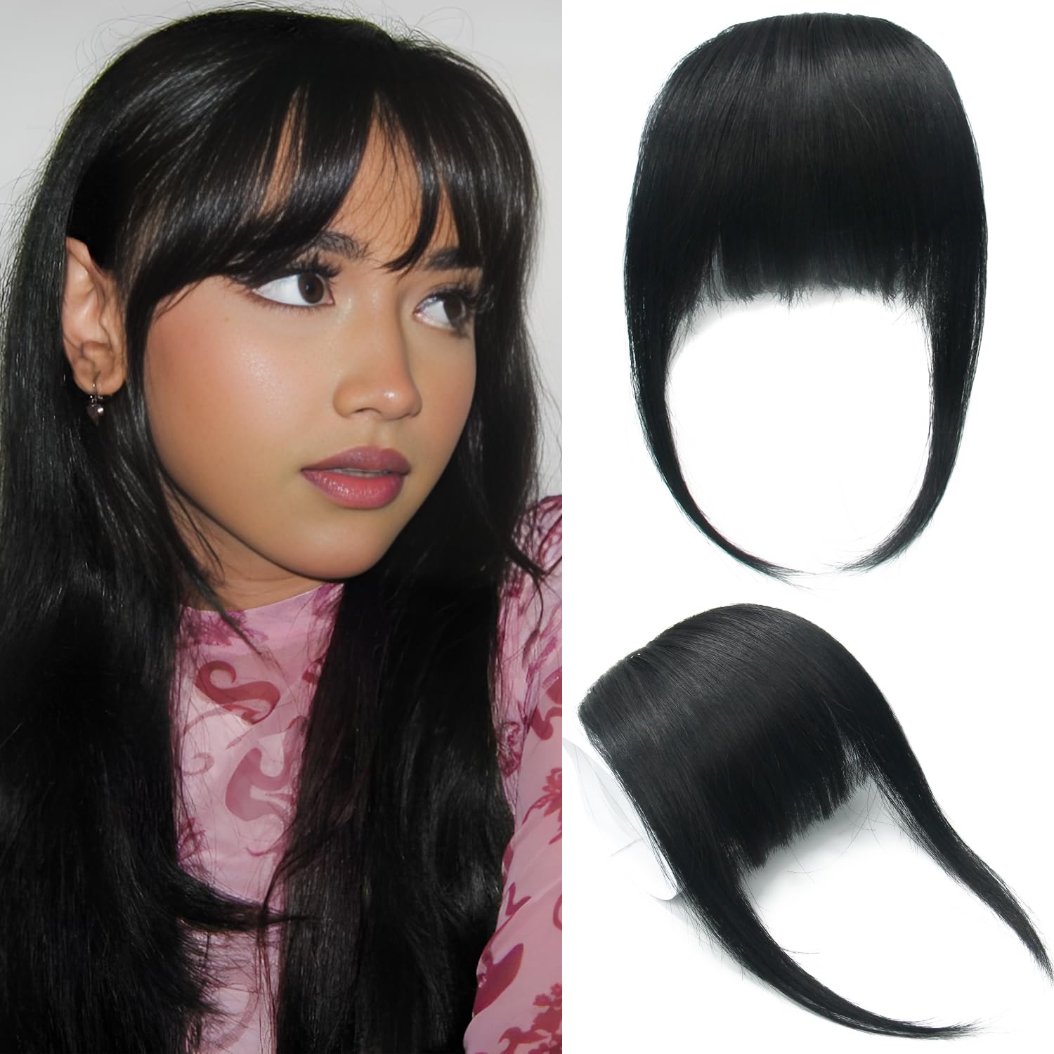 Real Human Hair Bangs Thick Hair Bangs Clip in Fringe Hair Extension Unprocessed Fringe, 1b# Black Color
