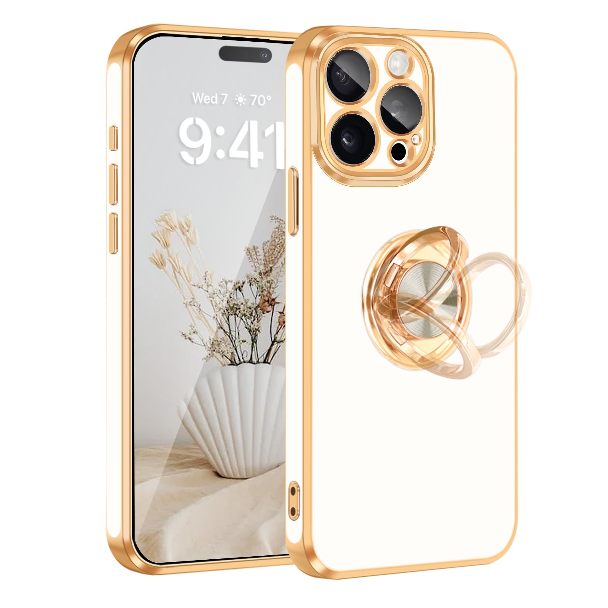 Photo 1 of Fingic for iPhone 15 Pro Case[with 360°Rotatable Ring Holder Stand][Support Magnetic Car Mount][Shiny Plating Gold] Slim Thin Soft TPU Shockproof Protective Case for iPhone 15 Pro for Women Men,White