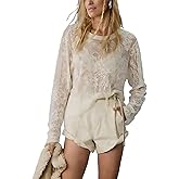 Aimiray Lace Tops Women Long Sleeve Crew Neck Mesh Tops Floral Printed Black Sheer Blouse Lightweight Cute Layering Shirts(White-L)