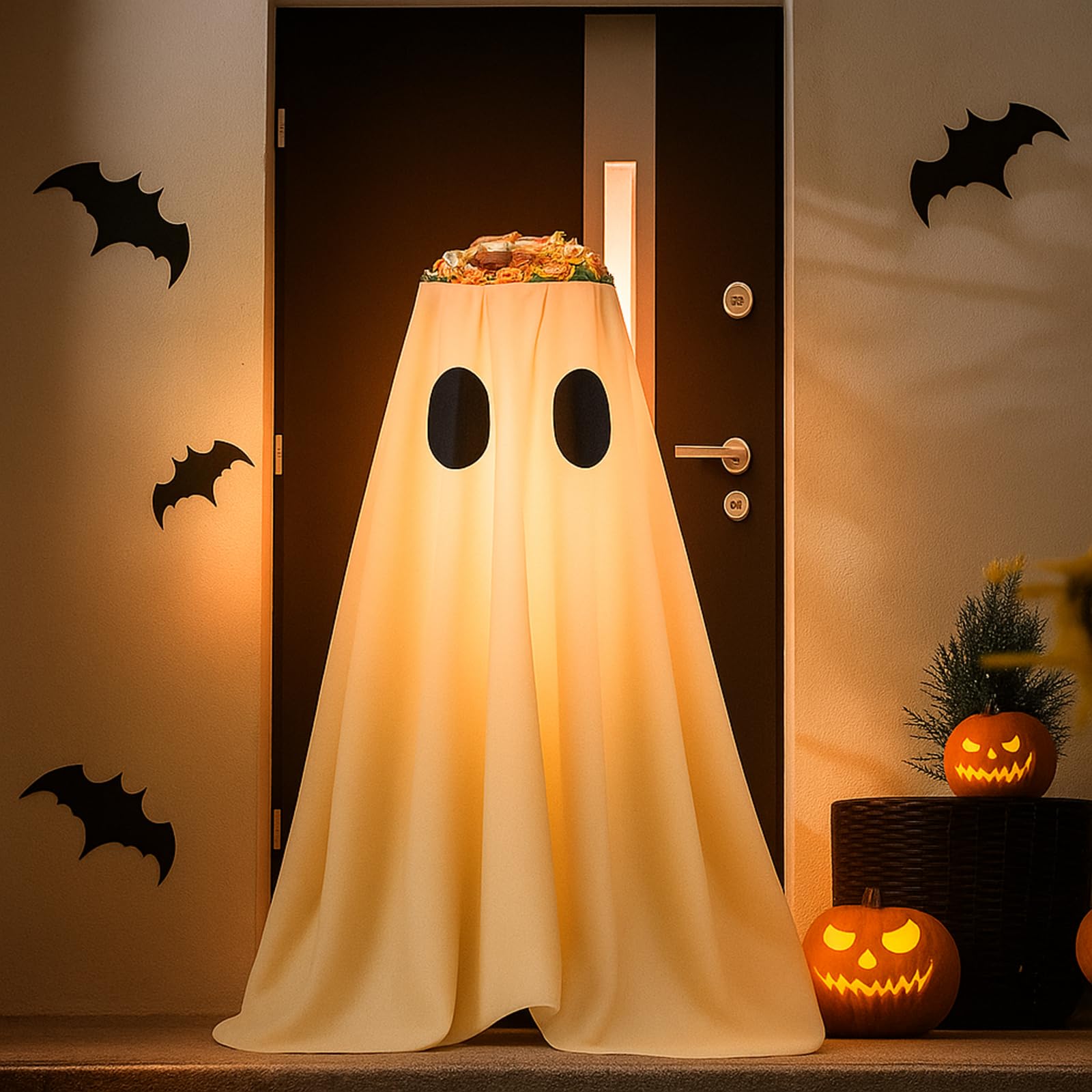 Photo 1 of ***DAMAGED -SELLING AS IS*** Fanfanwin 39 Inches Halloween Ghost Candy Bowl Stand Lighted Large Witches Ghost Cauldron Pot Trick Treat Lighted Candy Holder Bucket for Halloween Front Door Porch Outdoor Indoor Decor