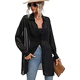 Floerns Women's Sheer Drop Shoulder Blouse Long Sleeve Collar Button Loose Shirts Tops