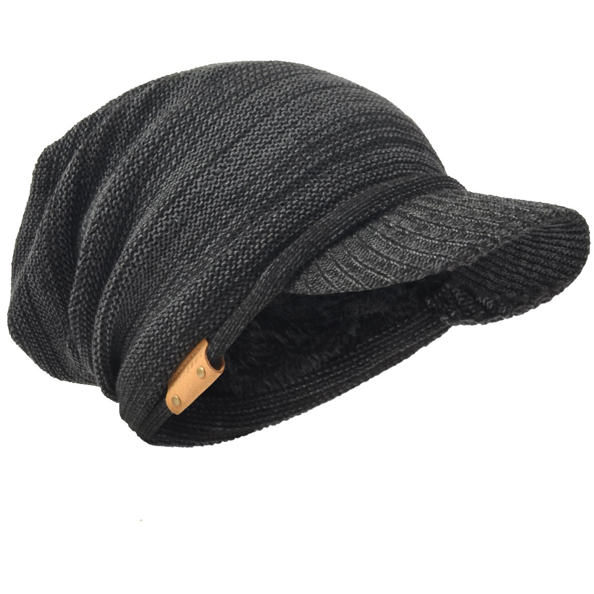 HISSHE Men's Thick Knit Newsboy Cap Visor Beanie Hat Fleece Lined Multicolor B319 (Dgrey-Black)(Size:L)