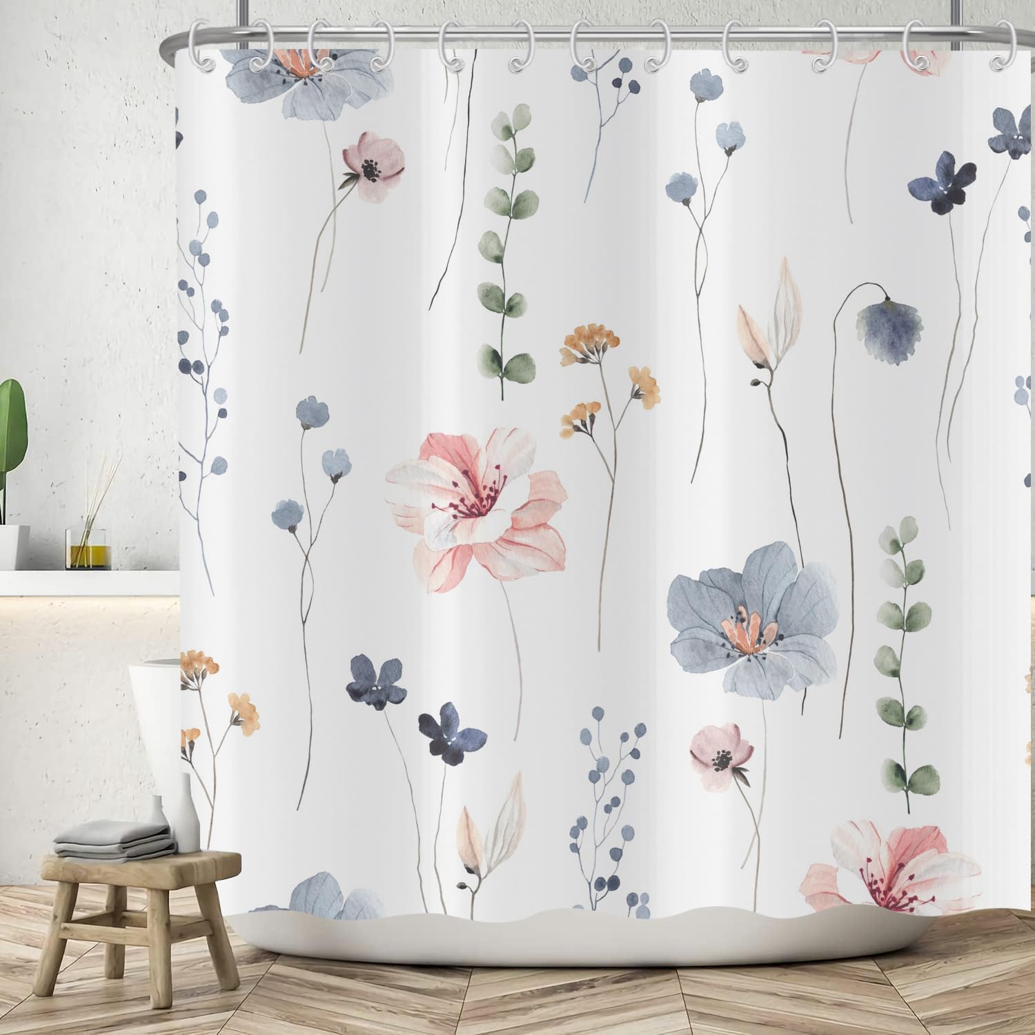 ASDCXZ Flower Shower Curtain 180x180 cm, Spring Hand Painted Rose Blue Yellow Flowers Green Leaves White Washable Shower Curtains Polyester Textile Waterproof Bath Curtain for Bathtub with 12 Hooks — image 1