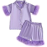 Ayalinggo Little Girls Summer Pajama Sets Short Sleeve Lapel Button Up Plush Cuff Shirt Shorts Sleepwear