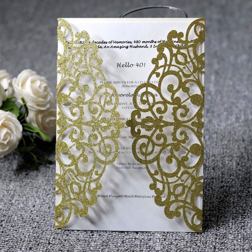 JOFANZA 5X7.2 Inch 50PCS Laser Cut Gold Glitter Blank Wedding Invitation Cards with Bowknot for Quinceanera Bridal Shower Birthday Anniversary Invitations - Image 4