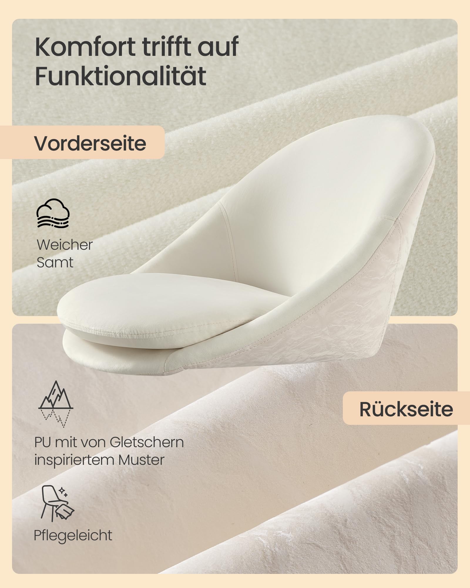 SONGMICS Homeoffice-Stuhl, Schminkstuhl mit Samt-Vorderseite, Schreibtischstuhl, Schaumstoffpolsterung, höhenverstellbar, für Arbeitszimmer, Schlafzimmer, cremeweiß OBG020WD01 3
