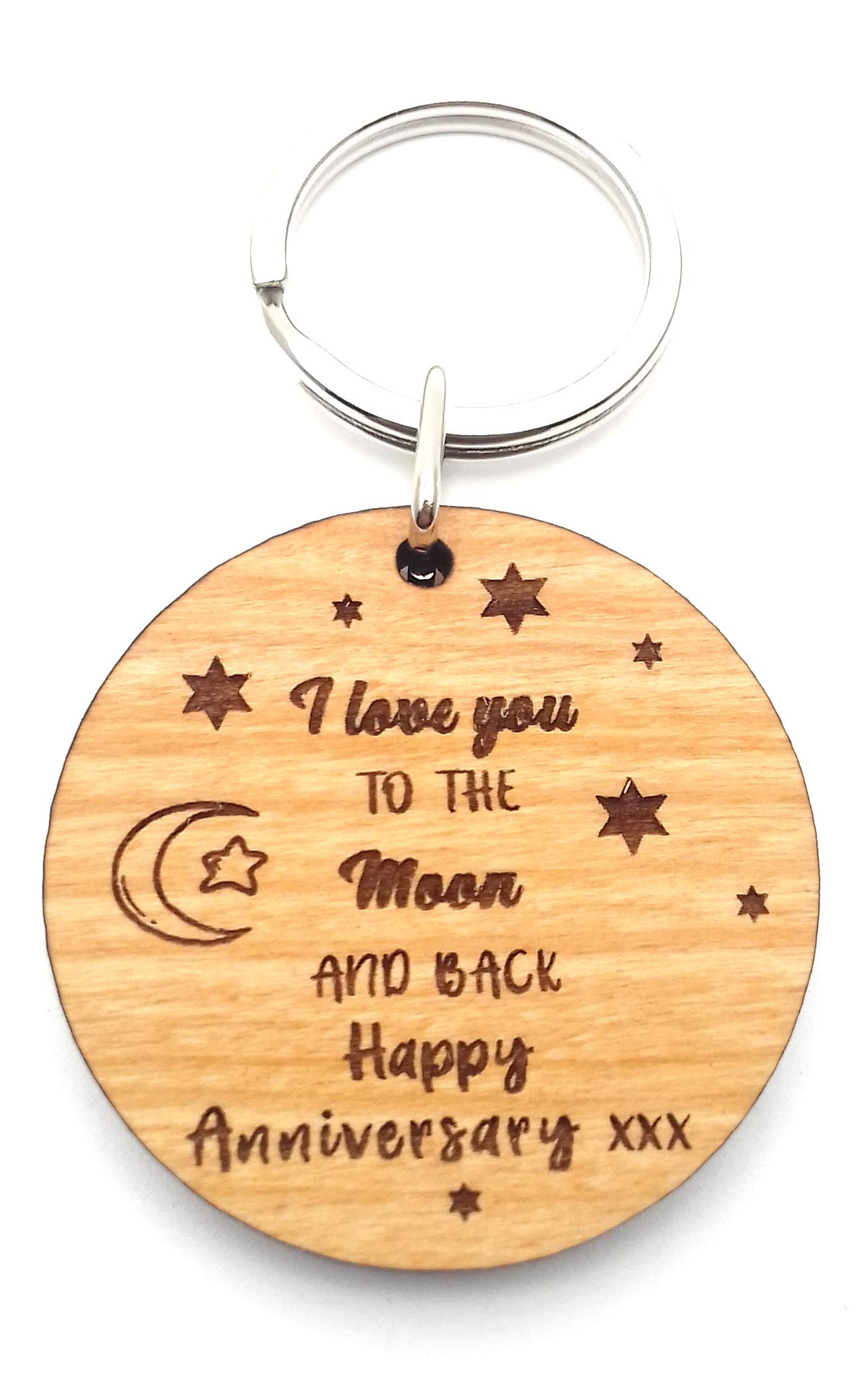 Happy Anniversary I Love You to The Moon and Back Wooden Wood Keyring Key Ring for Wife Husband Boyfriend Girlfriend Keepsake