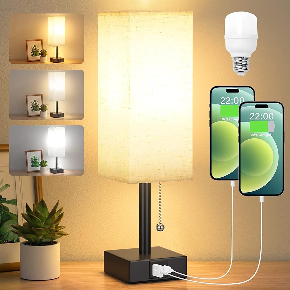 Aooshine Bedside Lamp with USB C+A Ports 3 Color Modes Beige Shade