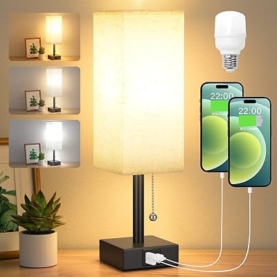 Aooshine Bedside Lamp with USB C+A Ports 3 Color Modes Beige Shade