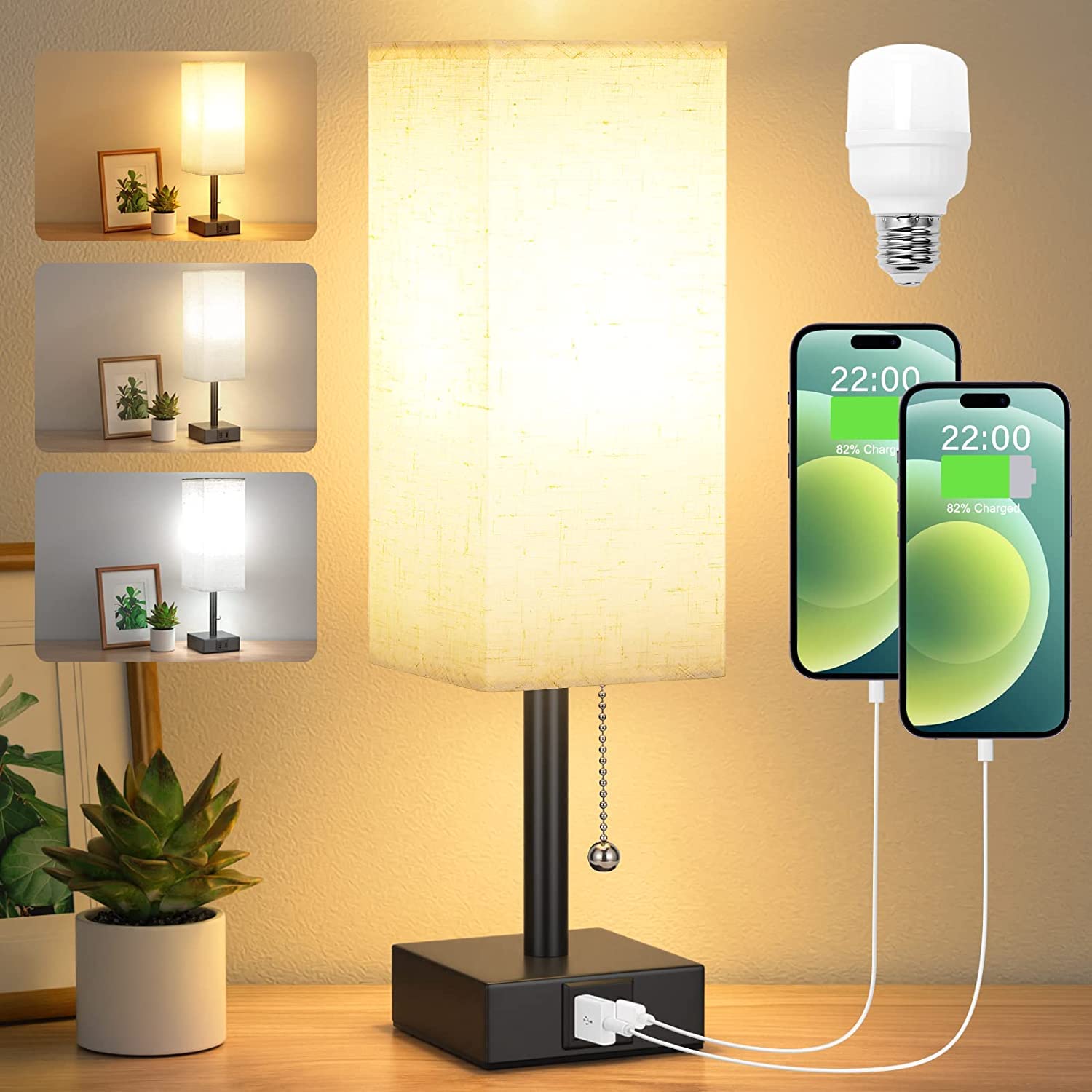 Aooshine Bedside Lamps, Table Lamp with USB C+A Charging Ports, Small Lamp with 3-Color Modes with Pull Chain, Bedroom Lamp with Beige White Fabric Shade(LED Bulb Included) — image 1