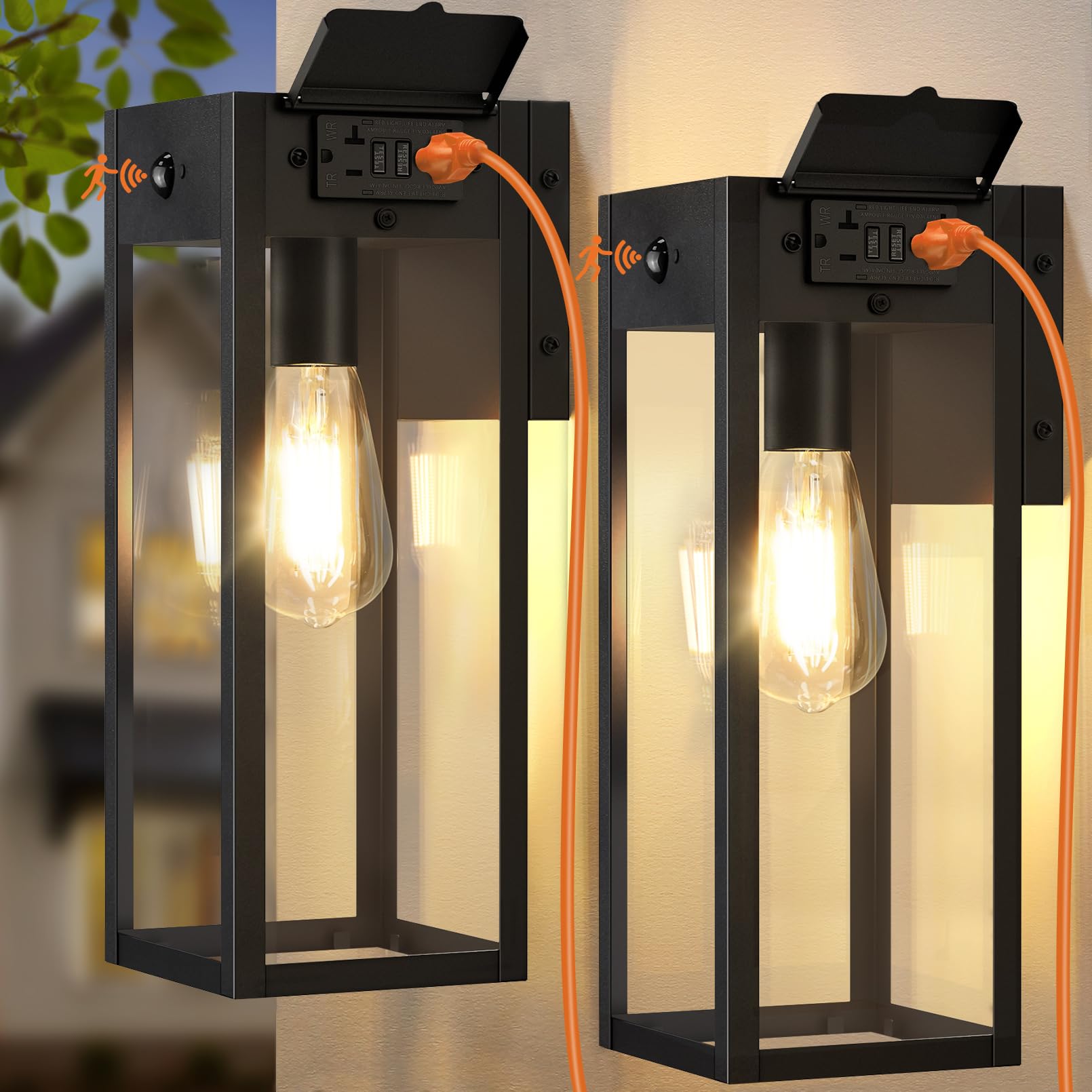 Photo 1 of OYKYOHEI 2 Pack Large Porch Lights with GFCI Outlet, Dusk to Dawn Motion Sensor Outdoor Lights, 2 Lighting Modes Waterproof Anti-Rust Wall Sconce Lantern, Outside Light for House, 14.62 Inch