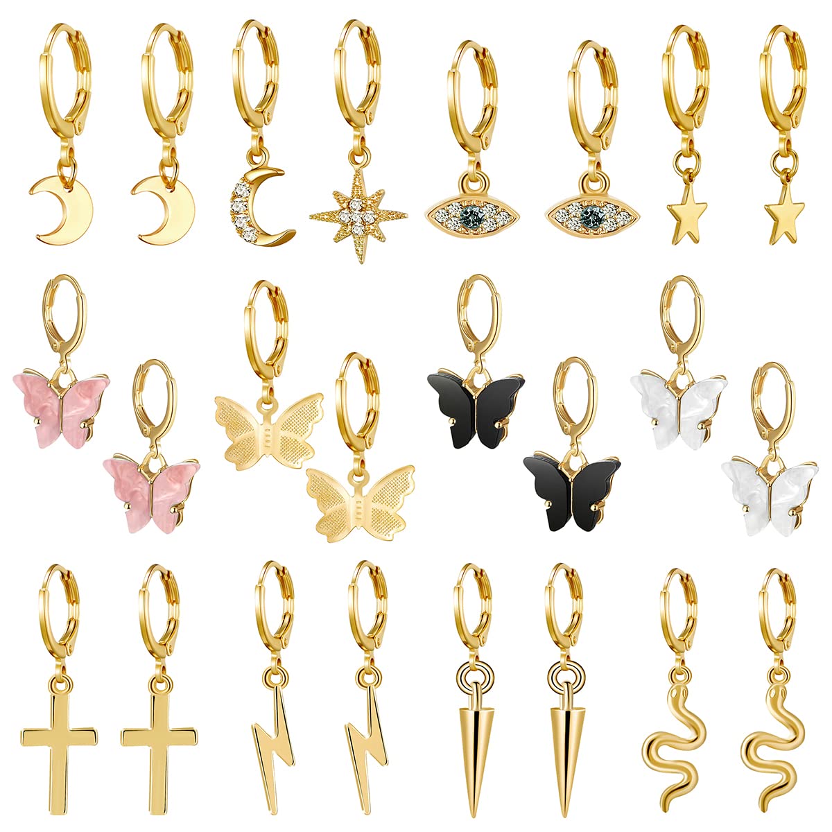 AIDSOTOU Small Butterfly Star Hoop Earrings Set for Women Girls Mini Huggie Hoop Earrings with Dangle Charms