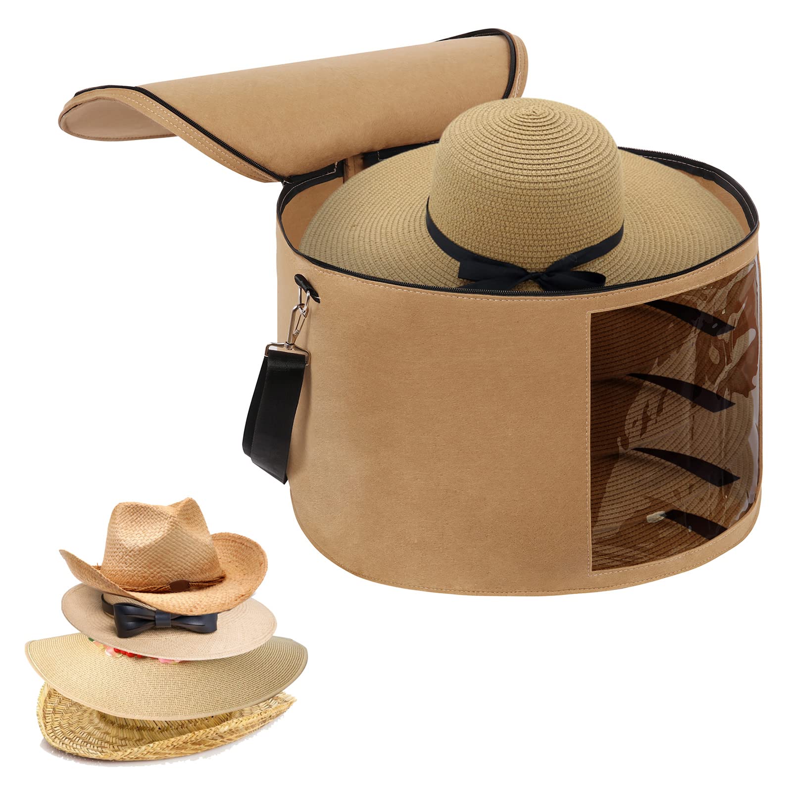 LITLANDSTAR Large Hat Box With Lid, 17.7" D x 11.8" H Foldable Felt Round Storage Box With Handles and Shoulder Strap for Carrying & Storing Various Types of Hats, Camel — image 1