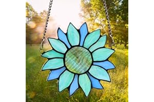 KLEEGLEE Sunflower Gifts for Mom Grandma, Sun Flower Stained Glass Window Hangings, Handmade Stained Glass Suncatcher Indoor Window Decor for for Women Birthday Gifts Memorial Day(Blue)