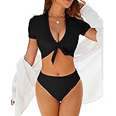 Jolefille Tankini Swimsuits for Women 2 Piece Tummy Control Bathing Suit High Waisted Bikini Sets Short Sleeves Full Coverage