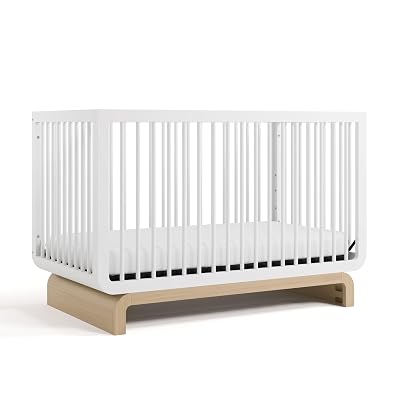 Storkcraft Santorini Deluxe 5-in-1 Convertible Crib with Bonus Toddler Guardrail (White with Driftwood) – GREENGUARD Gold Certified, Toddler Guardrail Included in Box, Fits Standard Crib Mattress
