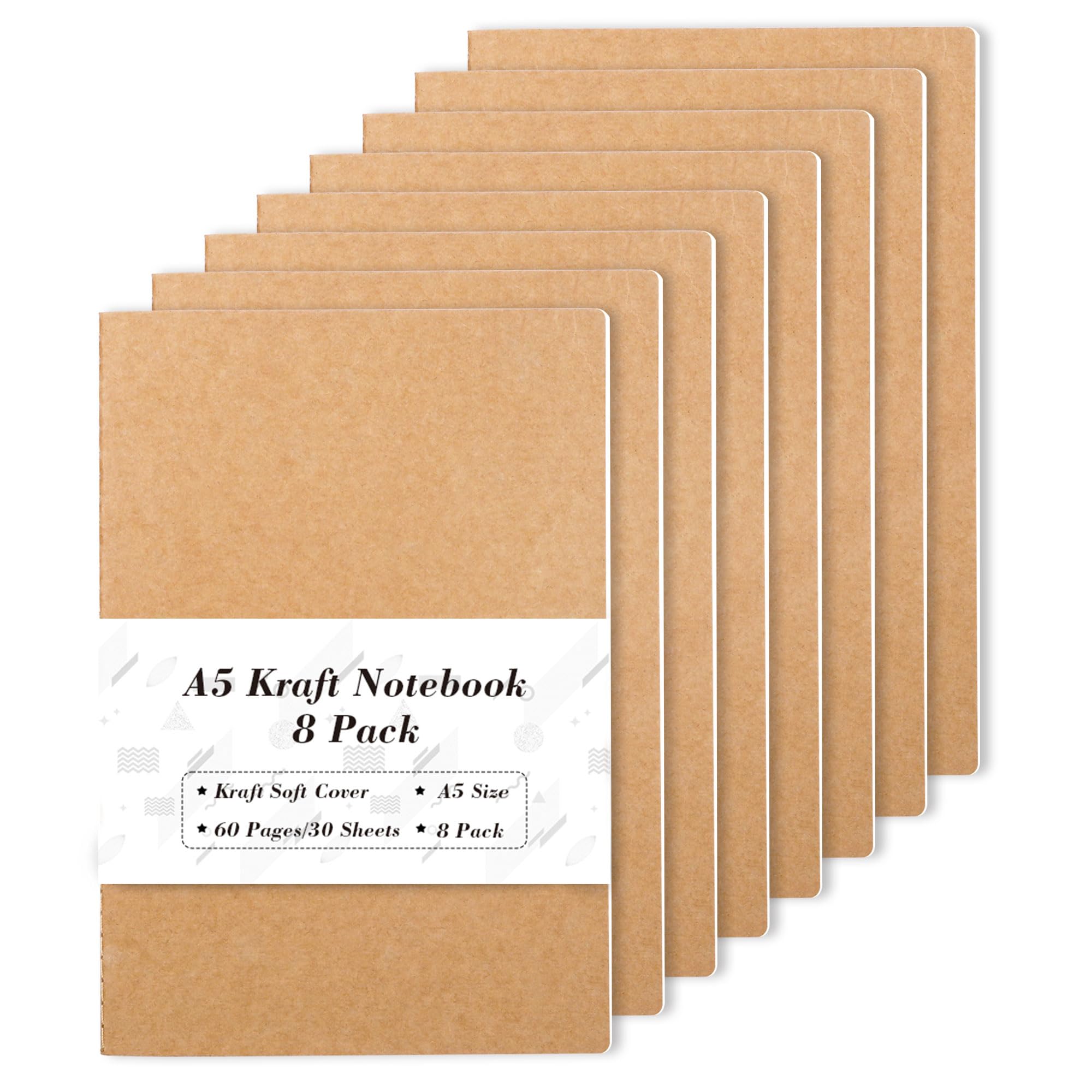 feela 8 Pack Kraft Notebooks A5, 60 Pages Lined Notepad Journal Bulk, Soft Brown Cover Multipack Notebooks for Students Travelers Making Plans, Writing Memos Office School Supplies, 14X21cm