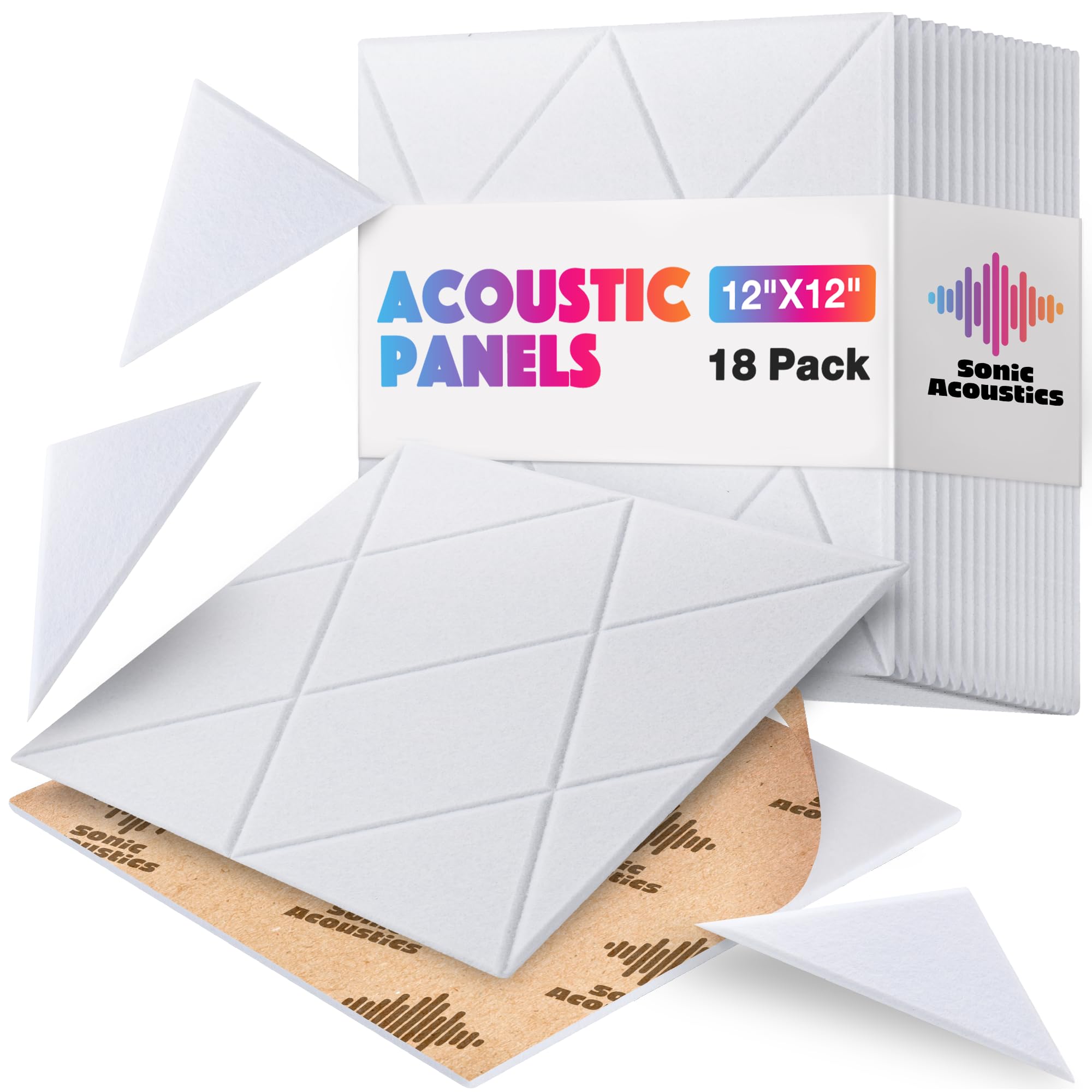 Photo 1 of 18 Pack Self-Adhesive Acoustic Panels, 12"x 12"x 0.4" Sound Absorbing Panels, High Density Square Sound Proof Noise Dampening Panels for Walls Home Studio Office, Rhombus Cutting Style, White