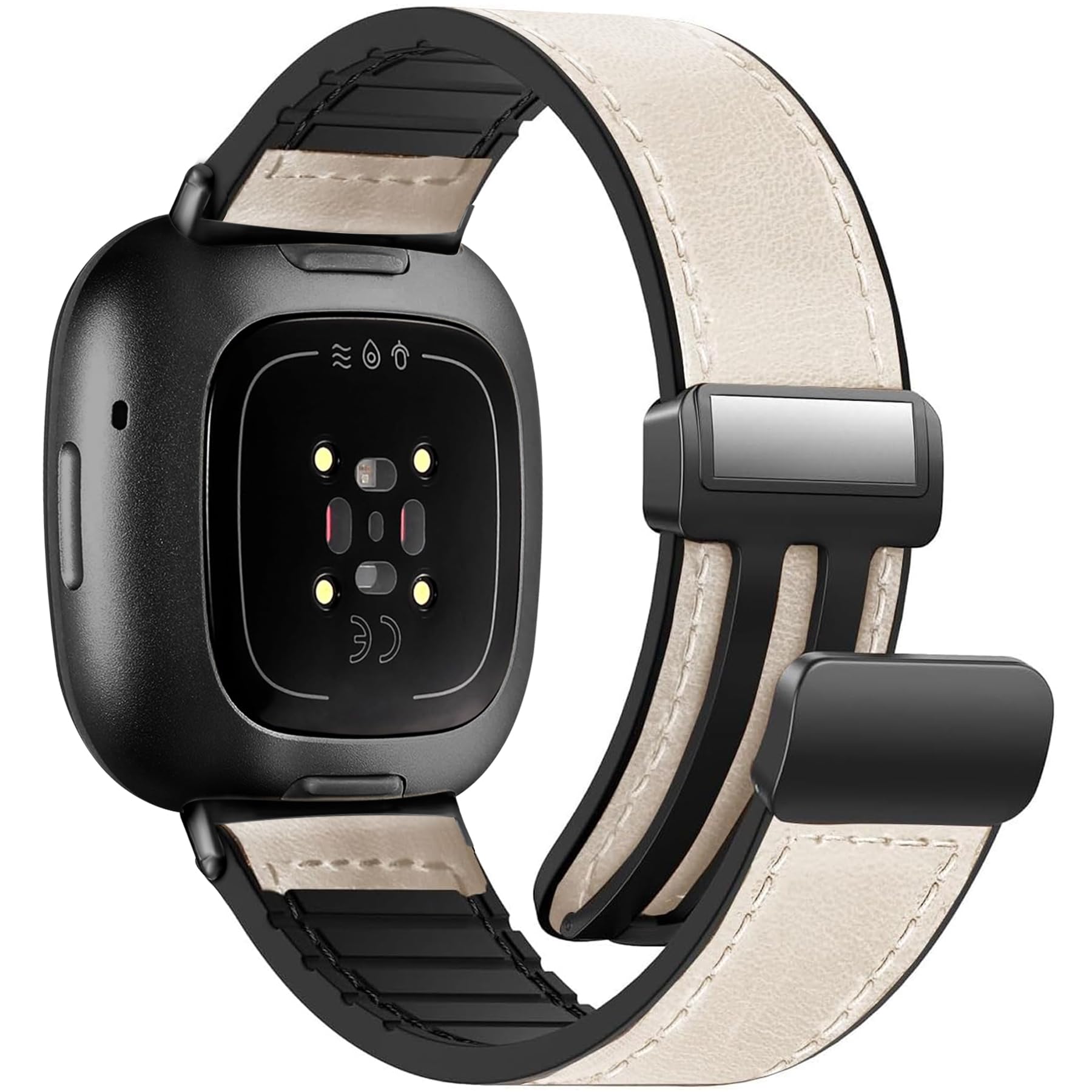 WestEagle Magnetic Leather Bands Compatible with Fitbit Versa 4/Versa 3/Sense 2/Sense Women Men, Magnetic Clasp Wristband Accessory, Adjustable Soft Replacement Fitbit SmartWatch Strap- Off-White