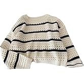 SHENHE Girl's Striped Sweater Hollow Out Crew Neck Loose Knit Crop Top Sweater Pullover
