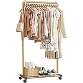 Sakugi Clothes Rack - Clothing Rack with Storage Mesh Shelf & Casters, Heavy-Duty Metal Clothing Rack for Hanging Clothes, Dresses, Coats, Large Load Capacity, Easy Assembly, Gold, 28.0"x16.9"x59.0"