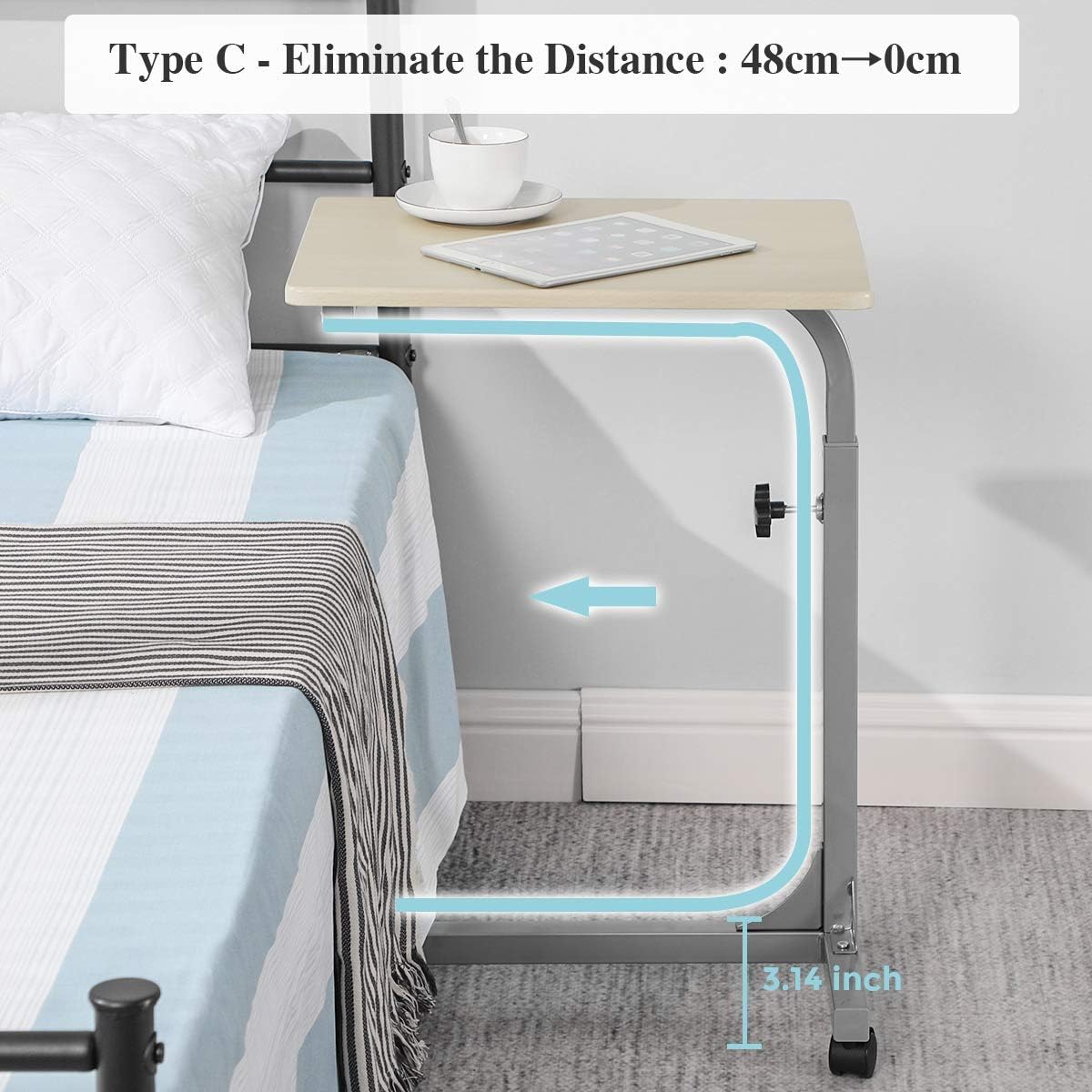 Over Bed Table C Sofa Side Medical Table with Lockable Wheels, 3 Height Adjustable Food Table Tray, Multi-Purpose Portable Rolling Desk Wood (18.9x14.7x26.4-31.1 inch): Kitchen & Dining