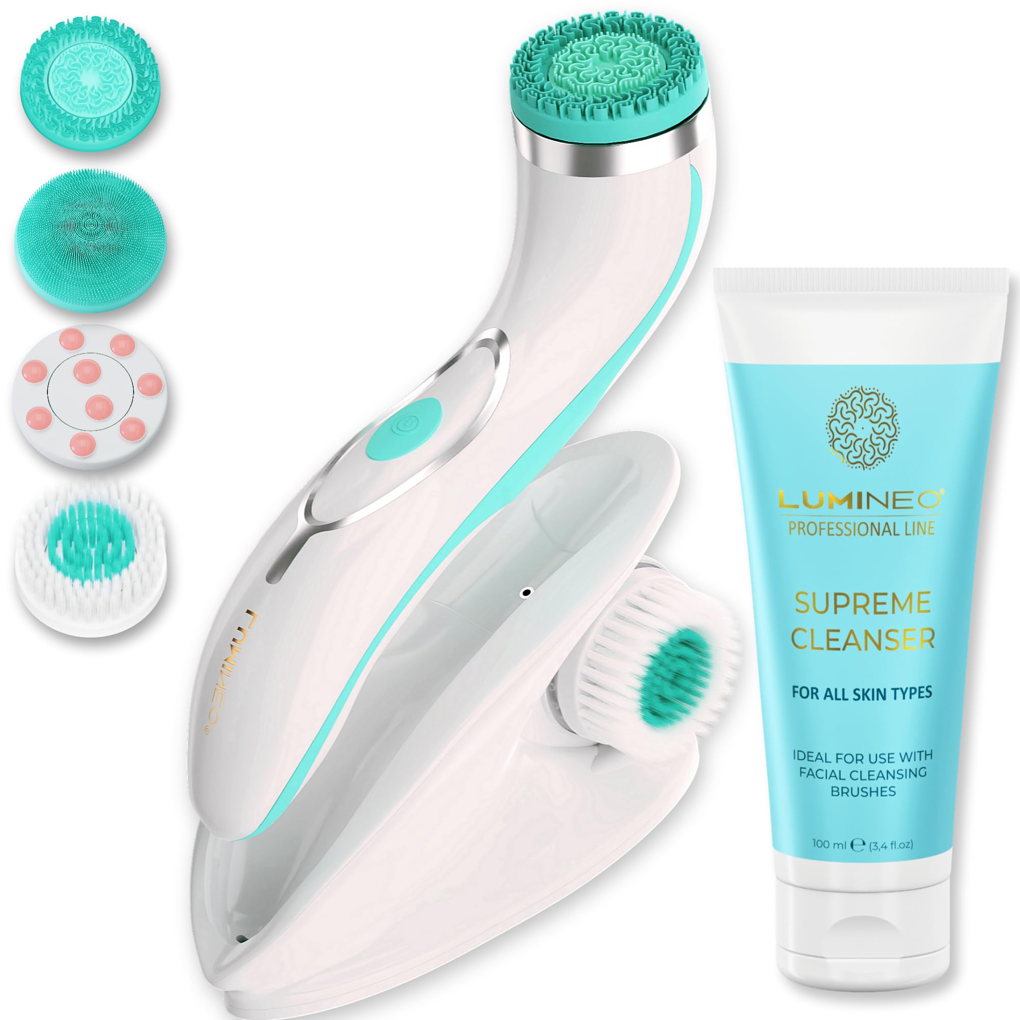 Lumineo Facial Cleansing Brush with 4 Silicone Brush Heads, with Cleansing Gel for pores, Peeling and Removing blackheads, Electric USB Facial Brush for All Skin PRO Turquoise (All Skin Types) — image 1