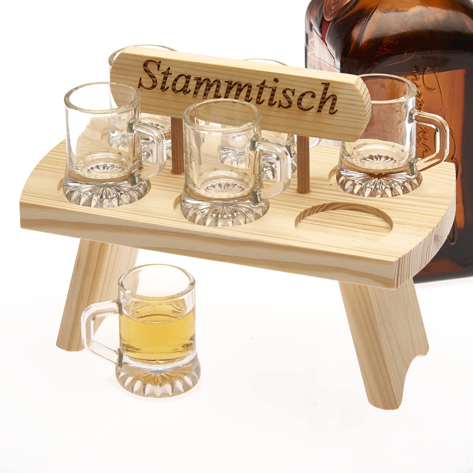 Smart-Planet Wooden Schnapps Tray with 6 Glasses for Schnapps and Liqueur - Rustic Schnapps Bench with Inscription Stammtisch - Shot Glasses for Men Gift