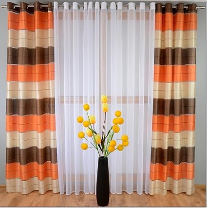 M Textiles Pair Striped Voile Curtains Eyelet Top 57 X 90