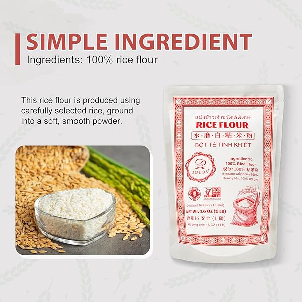 SOEOS RICE FLOUR 16 OUNCE (BASIC), 1 POUND (PACK OF 1) , RICE FLOUR FOR BAKING OR COOKING WITH RESEALABLE BAG, ALL NATURAL FOR SOURDOUGH BREAD, VEGAN, GLUTEN-FREE