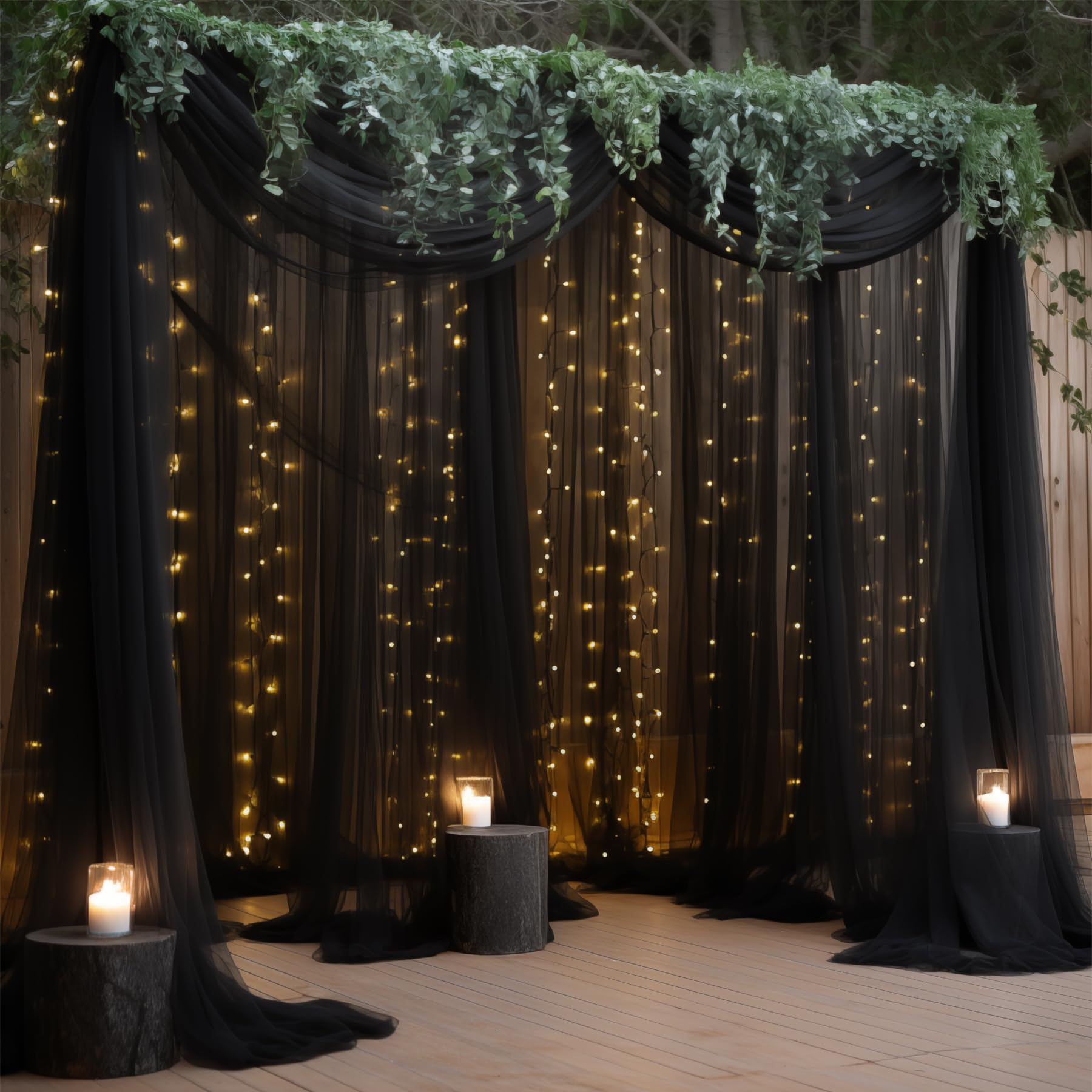 Photo 1 of 30×10ft Black Tulle Backdrop Curtain with Lights String for Parties, Sheer Curtain Backdrop Drapes for Wedding Party Photography Background