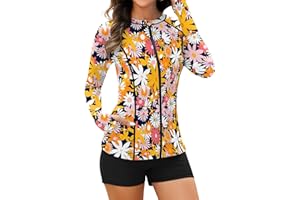 Soneven Women Long Sleeve Rash Guard Sets Two Piece Swimsuit with Shorts UPF 50+ Bathing Suit Full Zip Swim Shirt