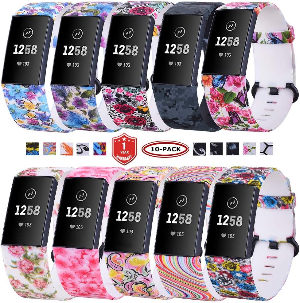 FunBand Compatible with Fitbit Charge 3 Strap Bands,Unique Elegant Floral Pattern Printed Soft Silicone Sport Adjustable Replacement Bracelet for Fitbit Charge 3 Fitness Activity Wristband