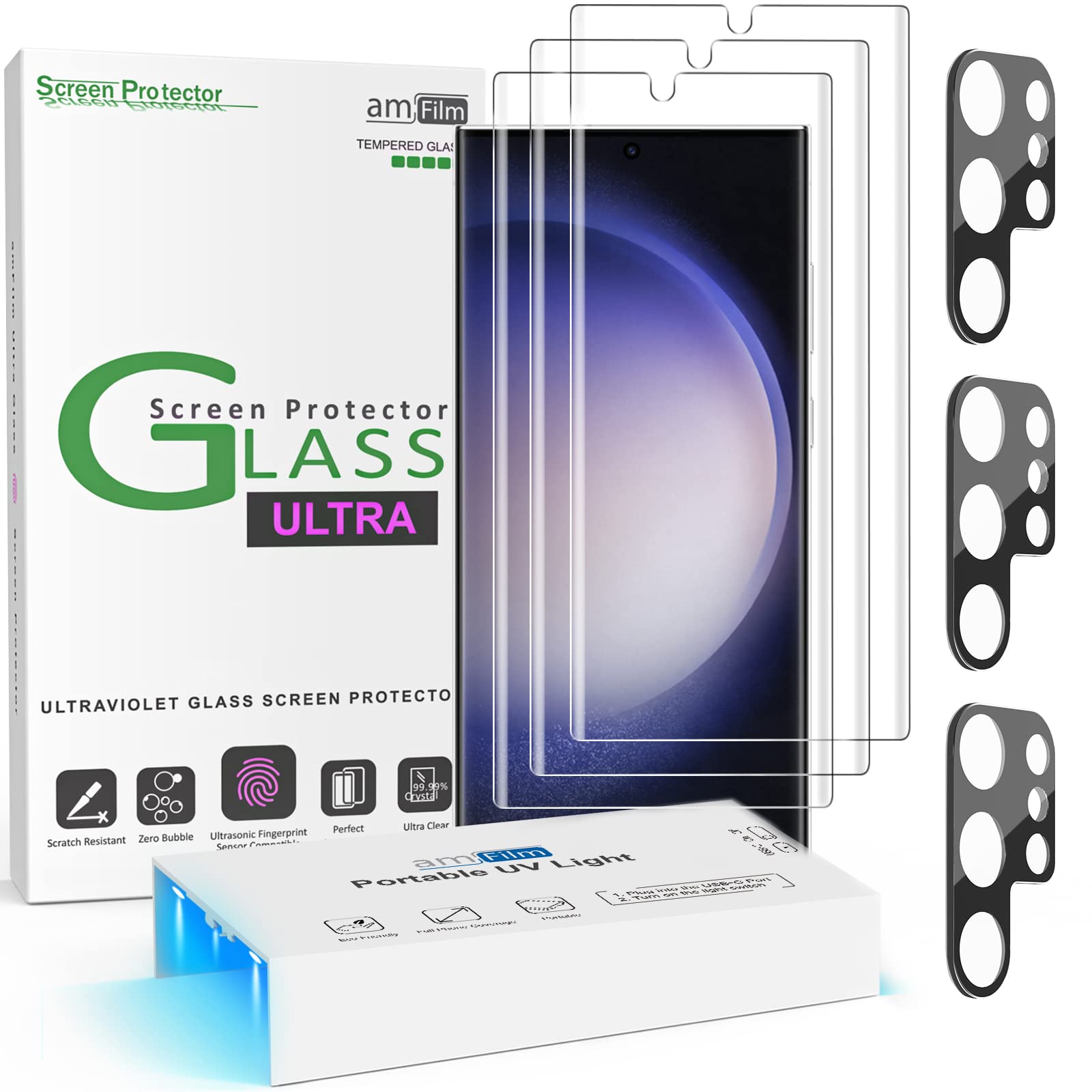 Photo 1 of amFilm [3+3 Pack 3D Curved Tempered Glass for S23 Ultra Screen Protector Samsung Galaxy 6.8 Inch with Liquid Dispersion Tech, Designed for Fingerprint Reader, Upgraded Easier Application Tray.